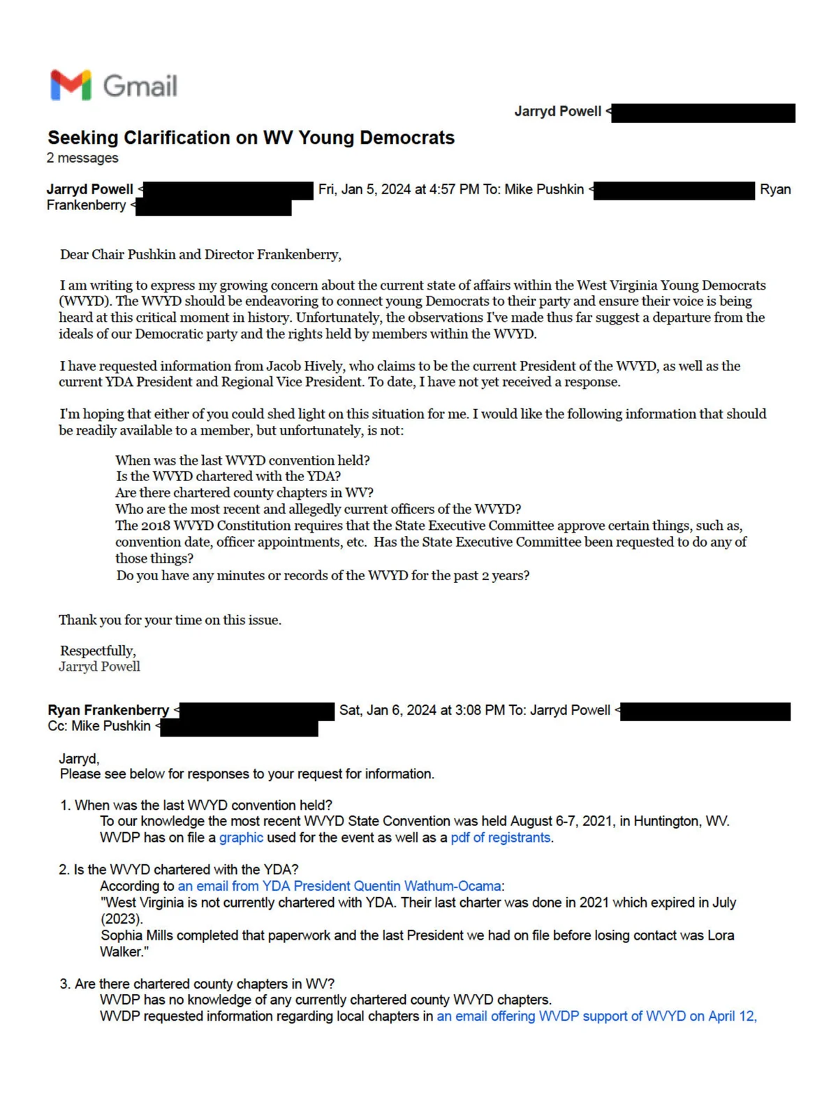 Preview of Powell-Frankenberry Email re: WVYD Status (January 5-6, 2024)
